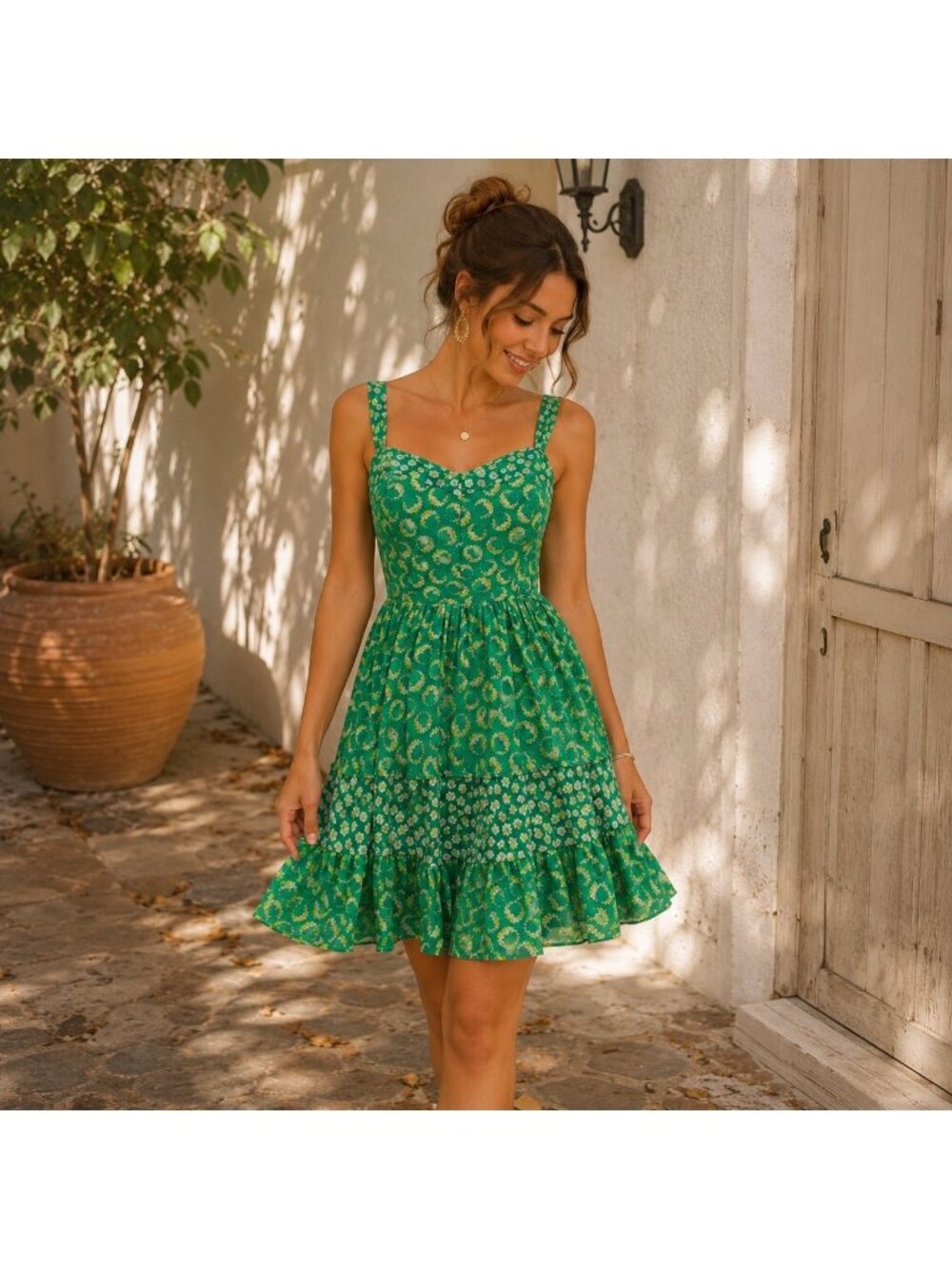 Lauren Conrad Green Floral Tiered Mini Dress Sweetheart Neckline Size 8